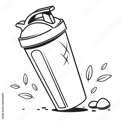 Illustration of a protein shaker bottle with leaves and stones