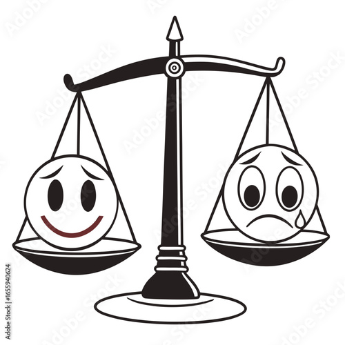 Illustration of a scale balancing a happy emoji and a sad emoji, representing the balance between positive and negative emotions