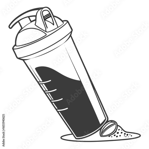Illustration of a protein shaker bottle with powder and a bean