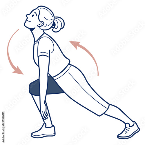 Illustration of a woman stretching her neck and legs, promoting fitness, flexibility, and overall wellness