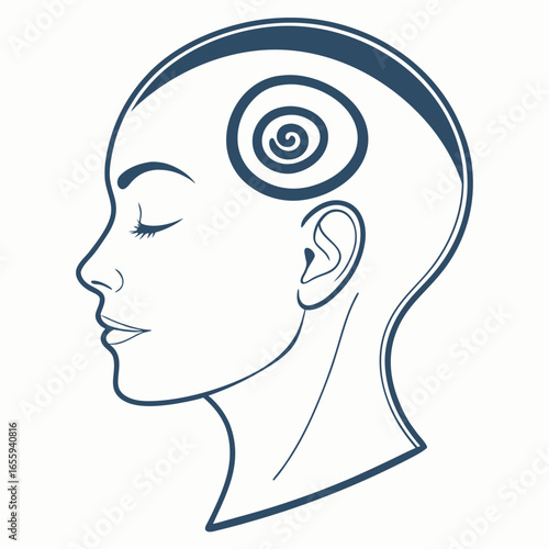 Illustration of a womans head in profile with a spiral inside representing the mind