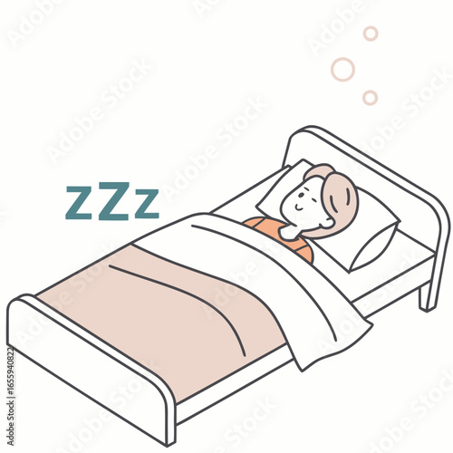 Illustration of a woman sleeping peacefully in bed, , dreaming sweet dreams and resting comfortably