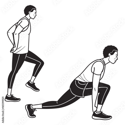 Man doing a forward lunge exercise for fitness, sport, and healthy lifestyle with two poses