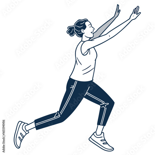 Woman doing a forward lunge exercise with arms raised for fitness, sport, and healthy lifestyle
