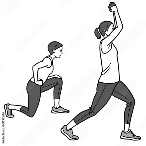 Woman doing a forward lunge exercise with arms raised for fitness, sport, and healthy lifestyle with two poses
