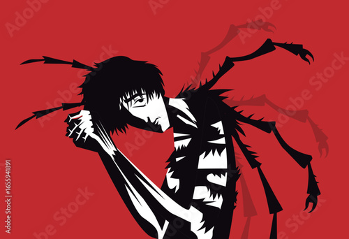 sad depressed man turning into an insect 