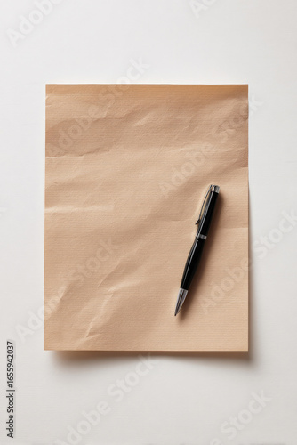 Wallpaper Mural Crumpled kraft paper sheet with elegant black pen on clean white desk, ready for notes, writing, or creative ideas. Torontodigital.ca