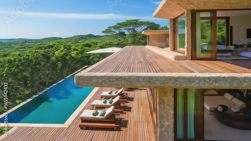 Exterior view of a luxurious, modern house with a blue swimming pool, wooden deck, surrounded by green trees and a blue sky during daytime in outdoor location.