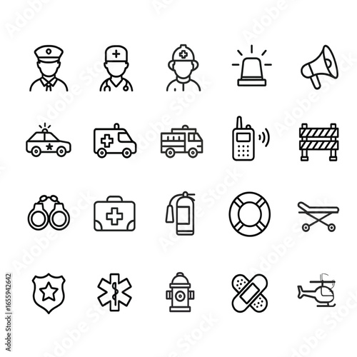 Emergency Services and Safety Icons Set – Police, Firefighter, Ambulance, and Rescue Vector
