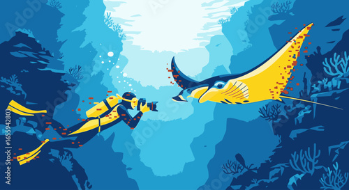 An illustrated scuba diver photographs a majestic yellow spotted eagle ray gliding in the deep blue ocean.
