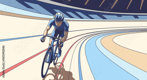 An athlete in blue cycling gear speeds around the curve of an indoor velodrome track during a race.