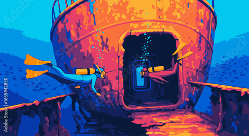 Two scuba divers in a vibrant pixel art style explore a rusty shipwreck and a mysterious glowing doorway.