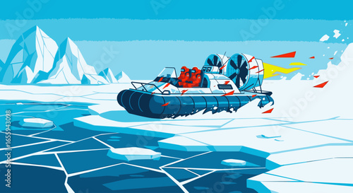 A stylized illustration of a hovercraft with two people speeding across a frozen, cracked ice landscape with mountains.