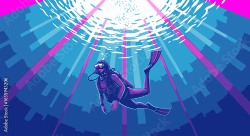 A scuba diver explores a surreal underwater world, illuminated by vibrant light beams above a sunken city skyline.