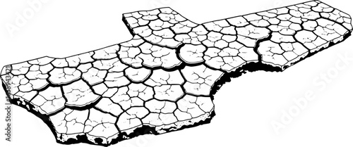 Cracked earth illustration showcasing drought and environmental concerns in stark black and white detailed style