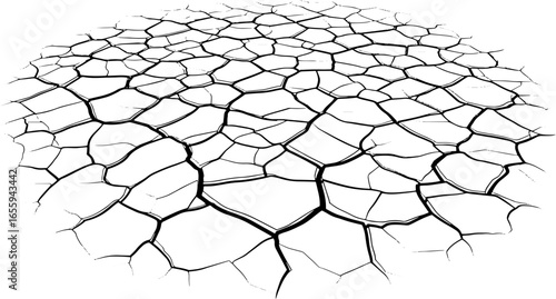 Distressed cracked earth texture, drought illustration, environmental damage, conceptual desert floor pattern design element