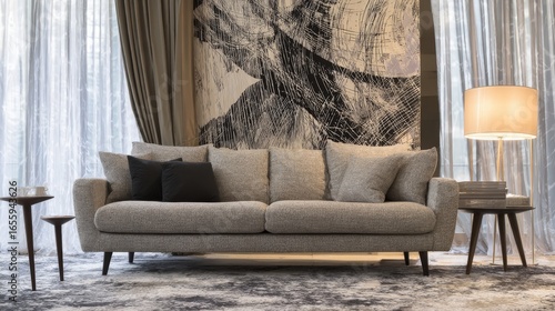 Modern living room with minimalistic decor, featuring a light grey sofa, abstract rug, black and white wall art,