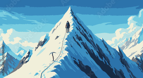 A lone mountaineer ascends a steep, snow-covered ridge, approaching the summit of a majestic peak.