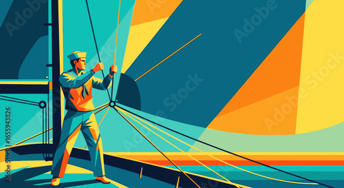 A stylized graphic illustration of a vintage aviator pulling on the control wires of an early aircraft.