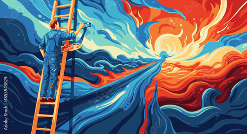 A painter on a ladder creates a vibrant, swirling sunrise over a dynamic, flowing landscape.