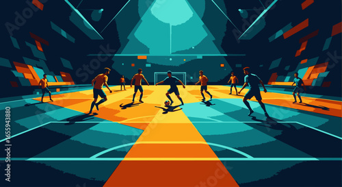Stylized illustration of a futsal match in a dramatically lit indoor stadium with players in action.