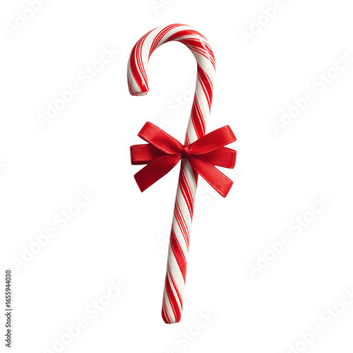 one Candy Cane with Red Bow on transparent background