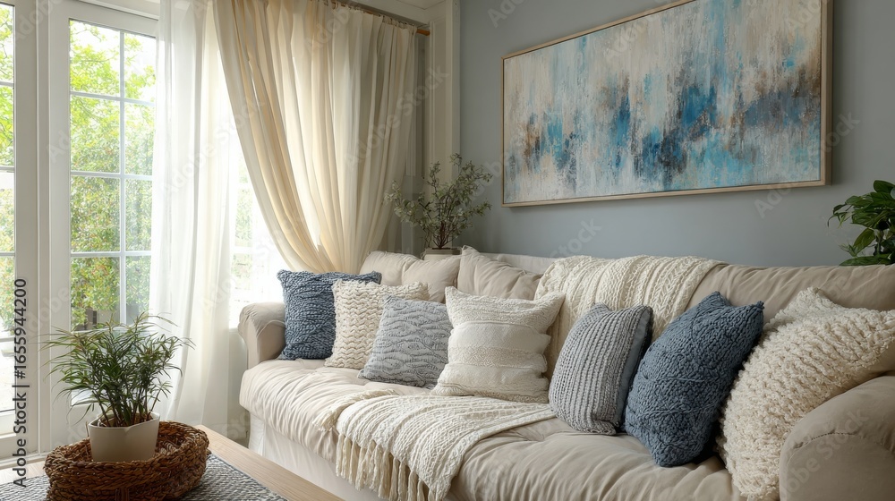 Fototapeta premium A cozy living room with a beige fabric sofa adorned with colorful pillows, a blue one standing out,