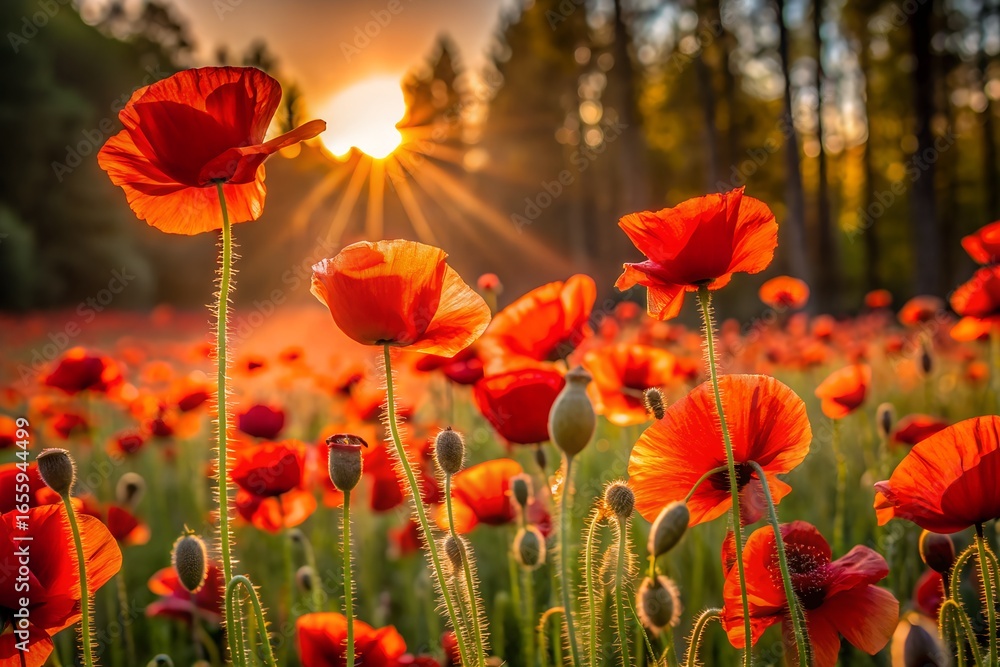 Fototapeta premium Field of Red Poppies at Sunset with Sun Rays Shining Through the Forest