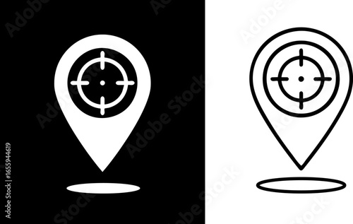 A location pin icon featuring a target symbol represents precise navigation and finding specific destinations. It signifies pinpoint accuracy and targeted search.