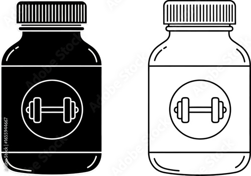 This illustration shows supplement bottles with a dumbbell symbol, representing fitness and bodybuilding. It is commonly used for protein and vitamins.