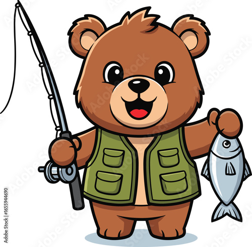 Cartoon bear fishing, green vest, fishing rod, caught fish, vector illustration, outdoor mascot, happy animal, clipart, character design