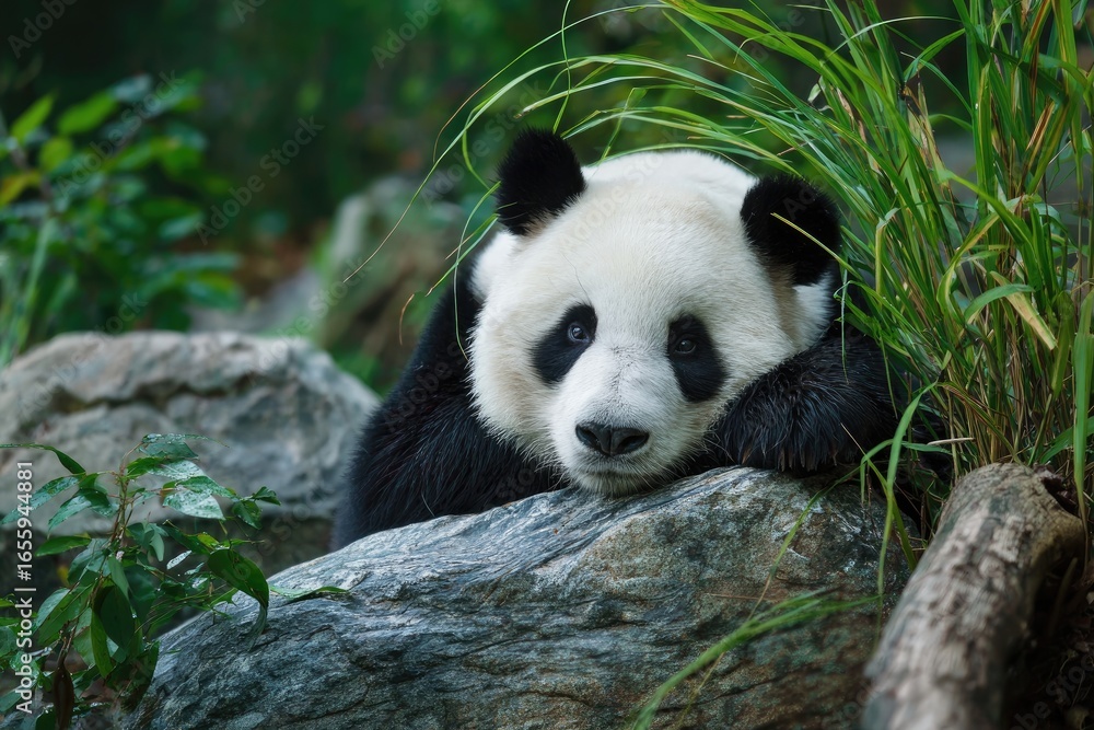 Fototapeta premium Sleepy Panda Resting On Rocks In Forest