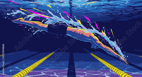 A dynamic, stylized illustration of a swimmer gliding underwater in a pool with vibrant, colorful splashes.