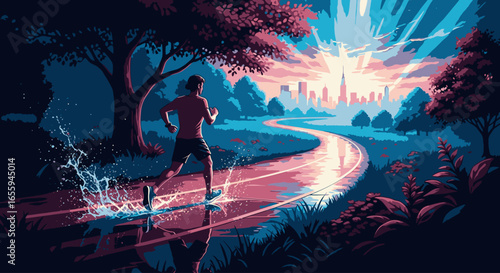 A runner on a scenic park path at dawn, splashing through water with a radiant city skyline in the distance.