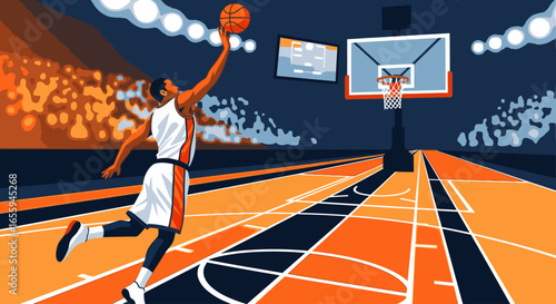 Dynamic illustration of a basketball player jumping towards the hoop for a layup in a packed arena.