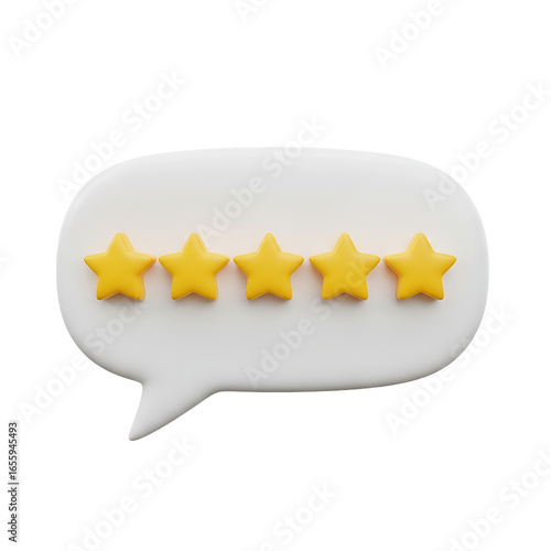 Five star rating inside a white speech bubble on black background
