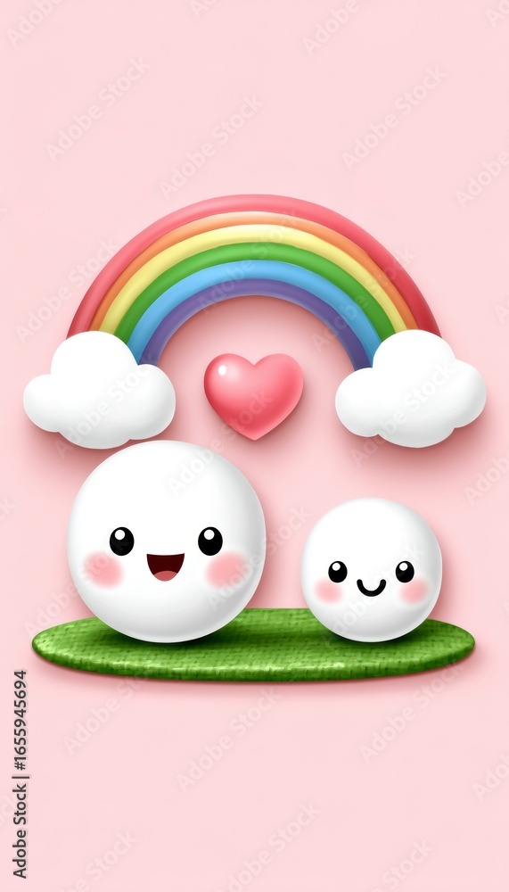 Fototapeta premium Adorable Mochi Characters Under a Rainbow on Pink Background