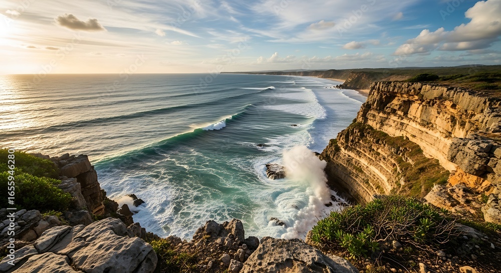Obraz premium Dramatic Cliffside Ocean View at Sunset.