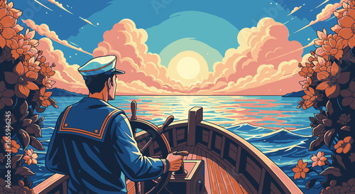 A sailor at the helm of a wooden boat gazes at a vibrant sunrise over the ocean.