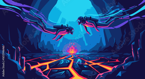 Two scuba divers with glowing trails explore a surreal underwater cave with a molten lava floor.