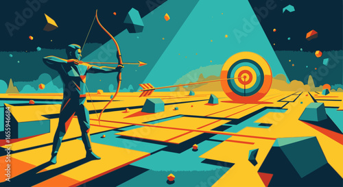 A stylized archer aims a bow and arrow at a distant target in a futuristic, geometric landscape.