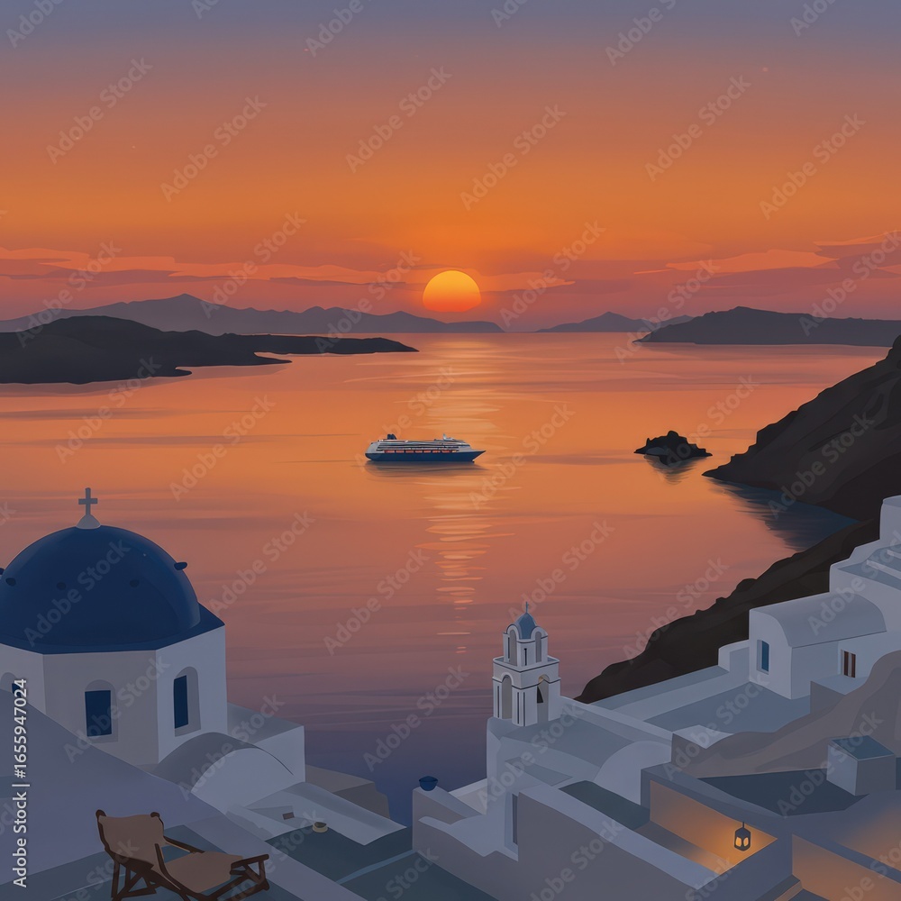 Obraz premium Santorini Sunset with Cruise Ship