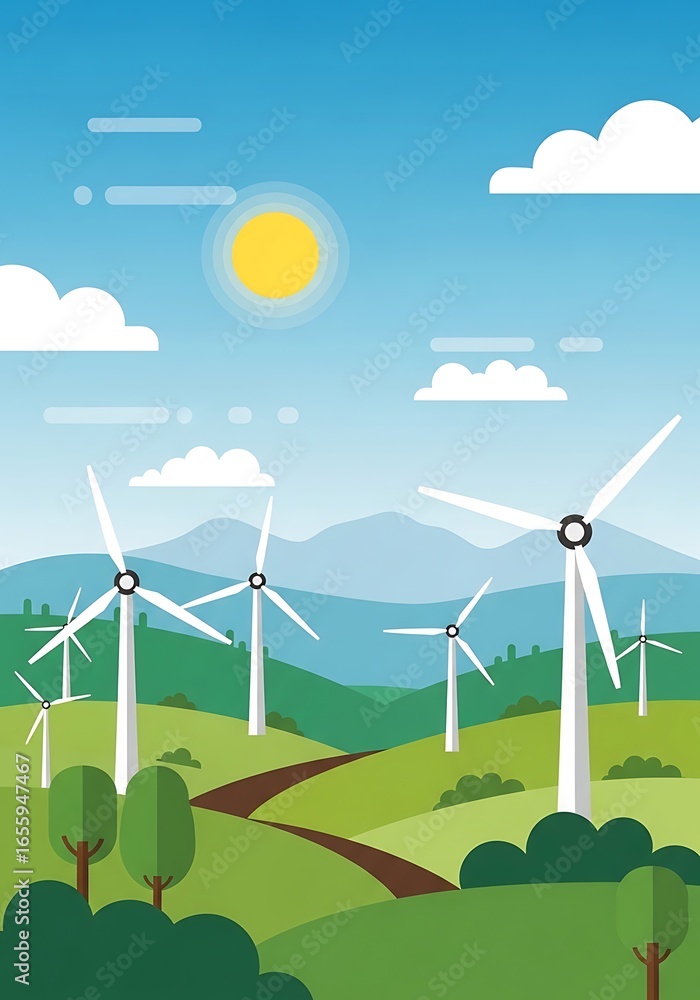 Fototapeta premium Wind Turbines Powering a Sustainable Future Amidst Rolling Hills and Clear Blue Skies