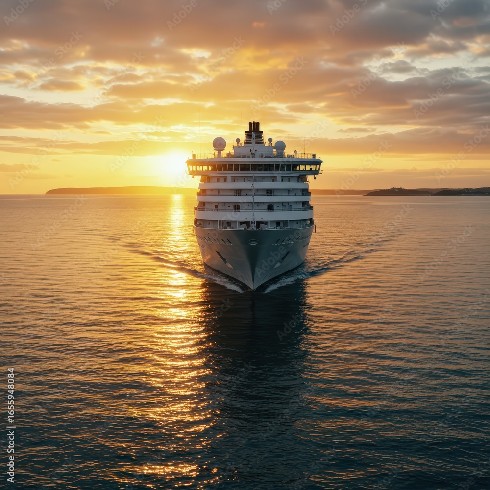 Naklejka premium Cruise ship sailing into a beautiful golden sunset
