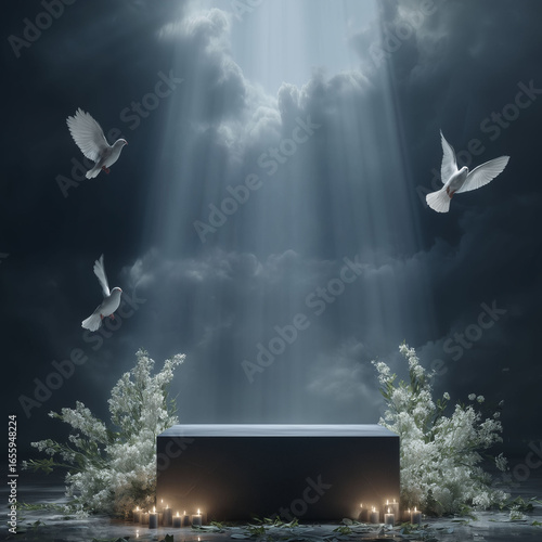 Wallpaper Mural Heavenly Light with White Doves and Candles – Spiritual Memorial Background, Product Mockup Podium Template with Copy Space Torontodigital.ca