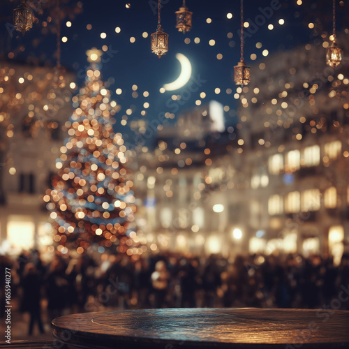 Wallpaper Mural Christmas Tree and Festive Lanterns with Moonlit Sky – Holiday Celebration Background, Product Mockup Podium Template with Copy Space Torontodigital.ca
