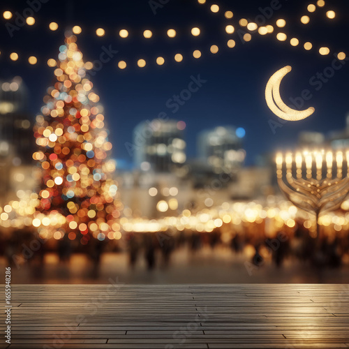 Wallpaper Mural Holiday Celebration with Christmas Tree, Hanukkah Menorah, and Festive Lights – Multi-Religious Winter Festival Background, Product Mockup Template with Copy Space Torontodigital.ca