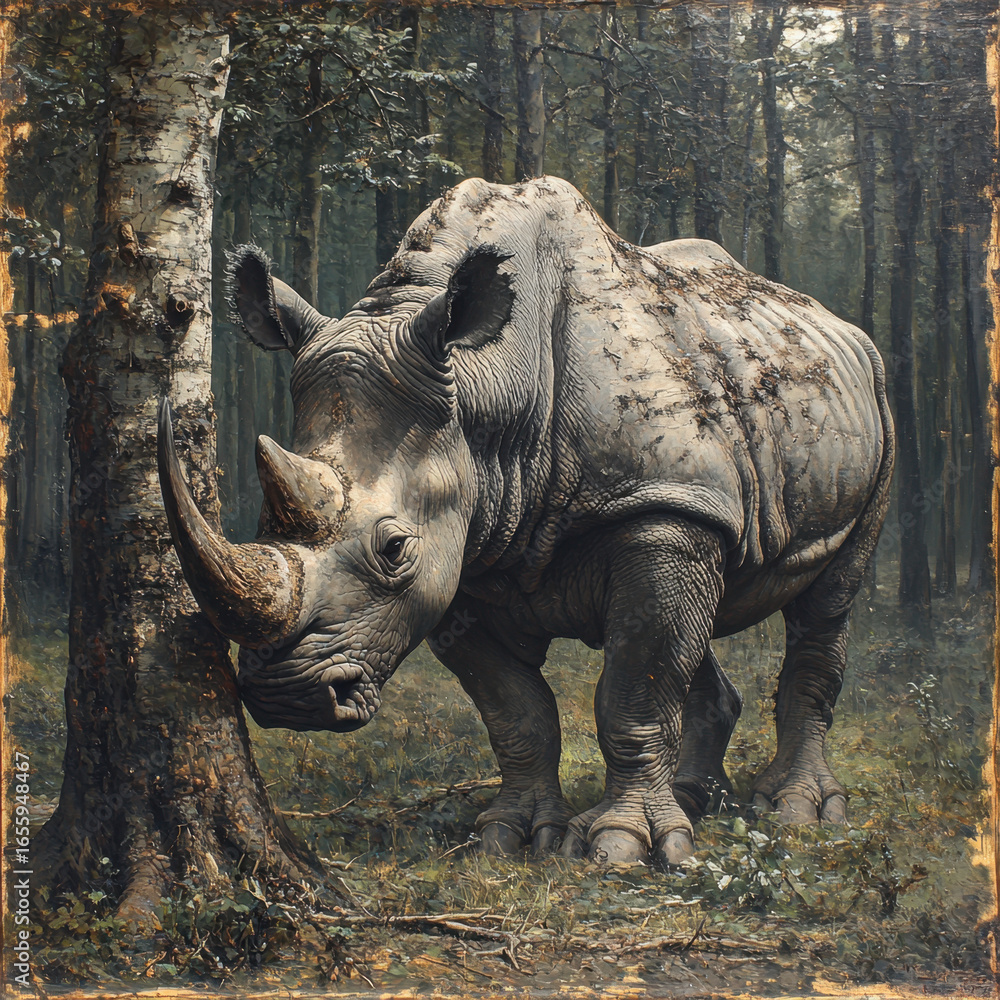 Fototapeta premium A rhino surrounded by trees.