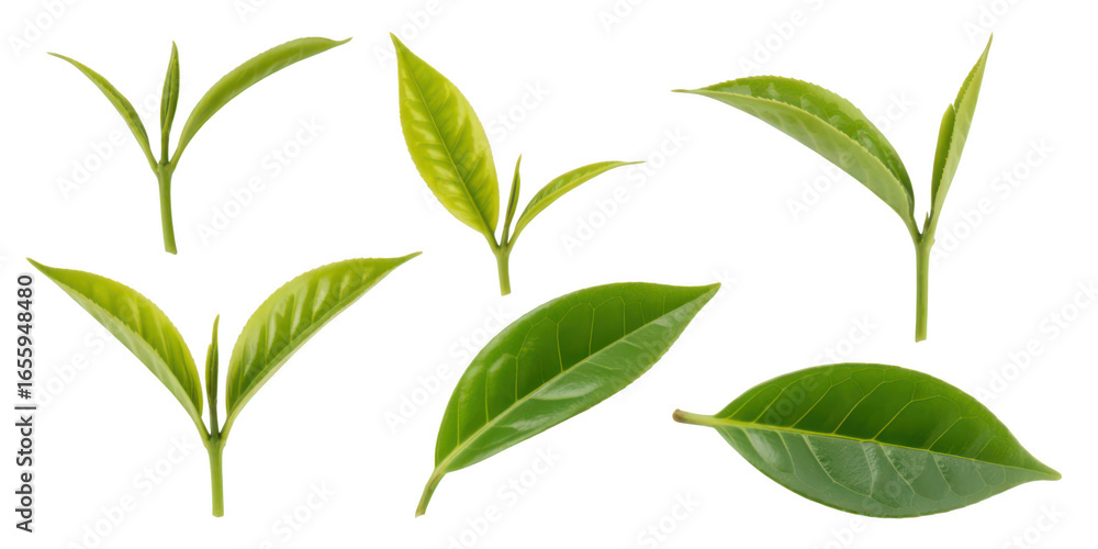 Fototapeta premium Fresh green tea leaves isolated on transparent background
