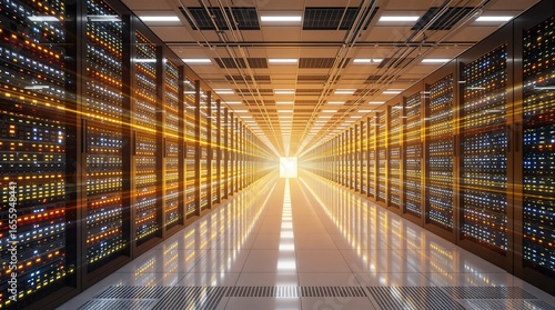 A brightly lit, futuristic data center hallway with rows of glowing server racks.